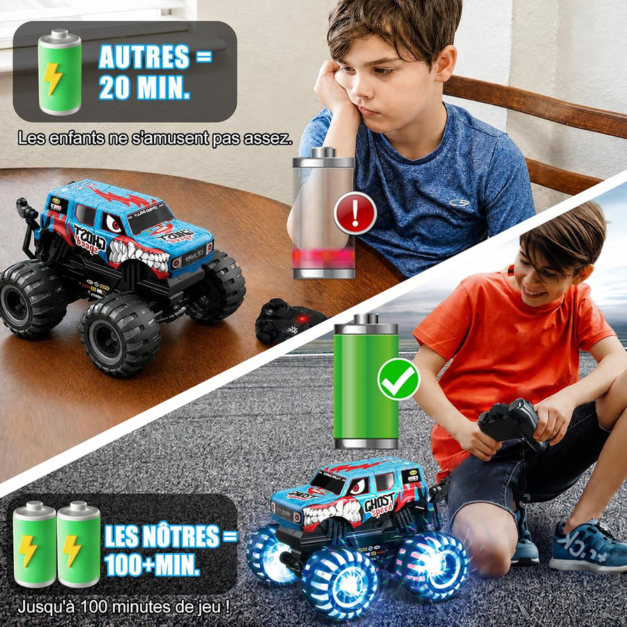 Monster Truck Dinosaure avec pneus lumineux, rotation à 360° et marche 100 min de temps de jeu, 1/20 monstertruck télécommandé avec musique, voiture télécommandée Dino 2,4 GHz à partir de 3 ans