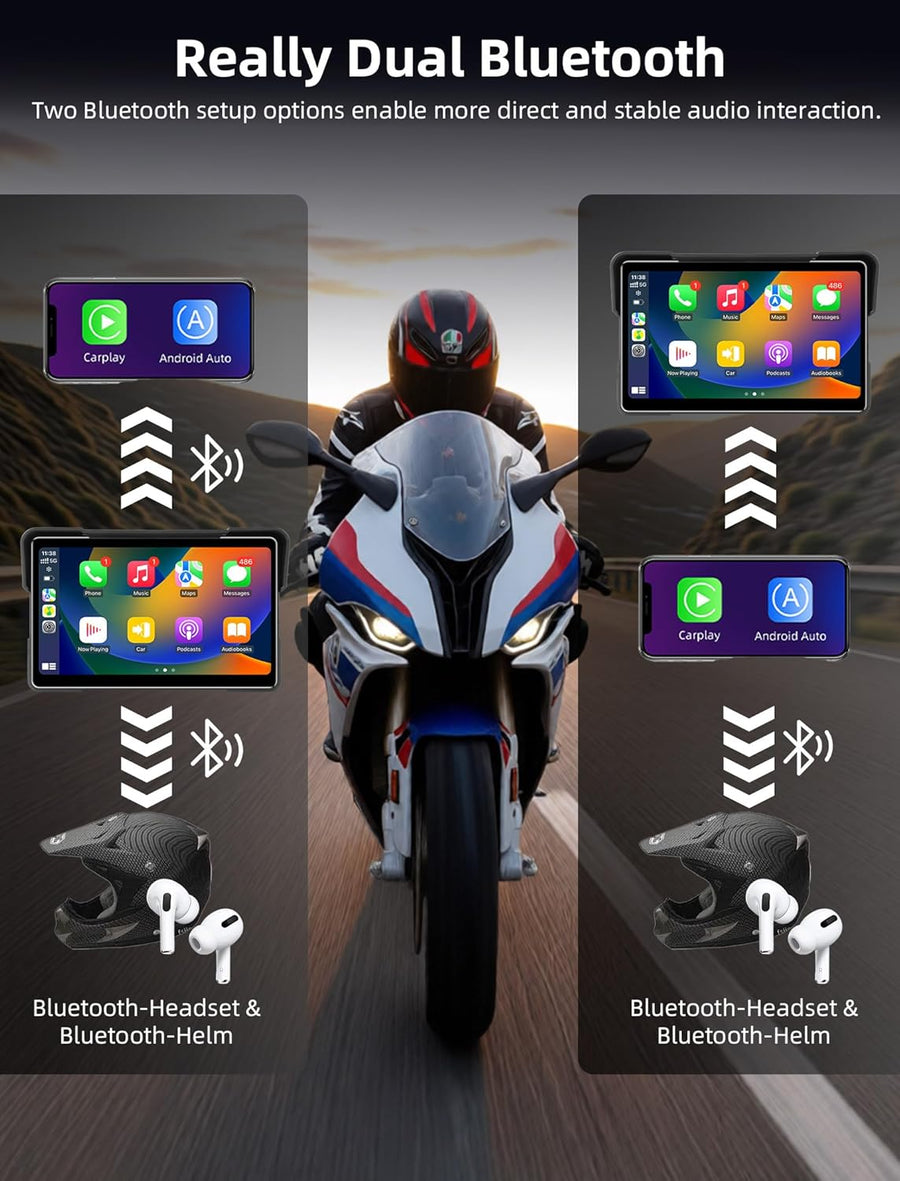 Carplay Moto 7 Pouces avec 2 Méthodes d'alimentation, GPS Moto Android Auto avec écran de Moto étanche 2,5D IPS, Double Assistant Bluetooth