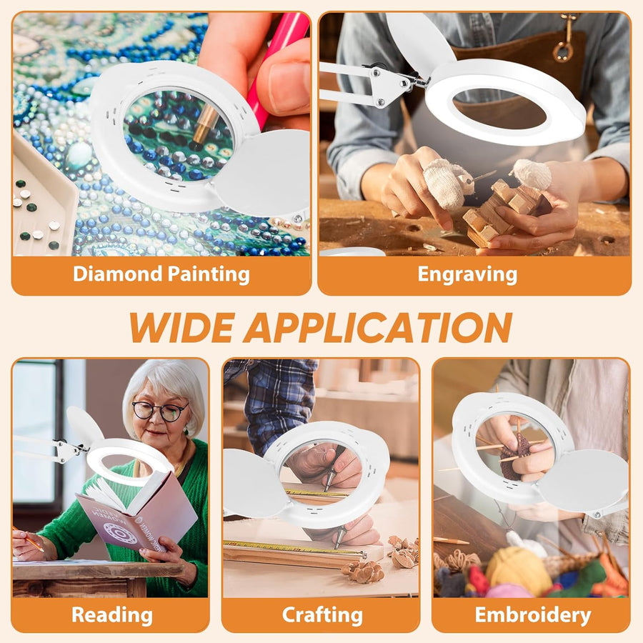 Lampe Loupe 15X, 2-in-1 Lampe de Bureau Loupe Eclairante avec Base et Pince, 5 Modes de Couleur, Gradation en continu, Lampe Loupe LED avec Rotation à 360° Bras Pivotant