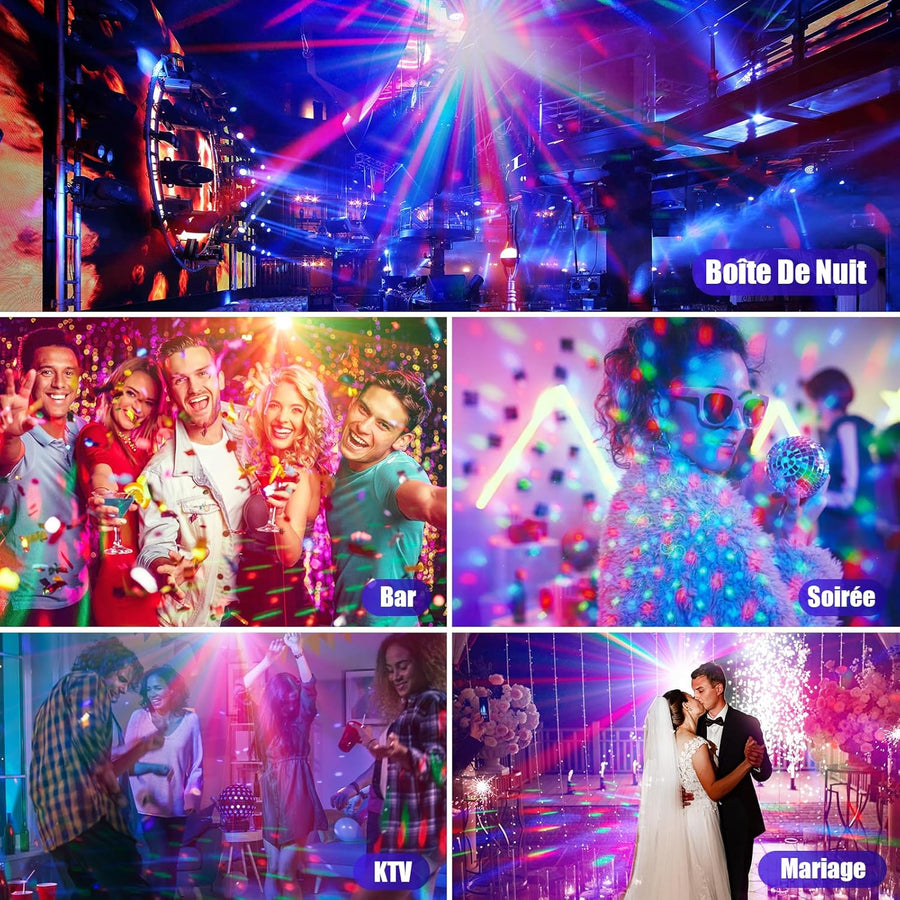 Jeux de Lumiere et Fête 3-en-1 avec Télécommande, Contrôle par Musique & Contrôle Vocal – Lumière Disco avec Stroboscope, LED RVB, Effet Boule Disco et 72 Motifs