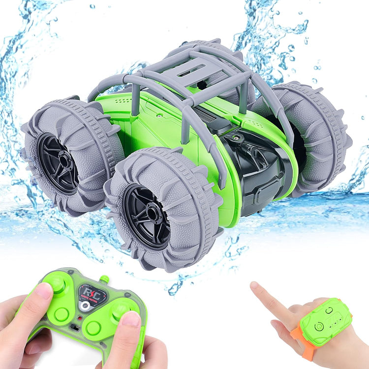 Voiture RC Amphibie Télécommandée Enfants 4WD Double Sided Stunt Car Lumières LED 2.4GHz VERT/GRIS