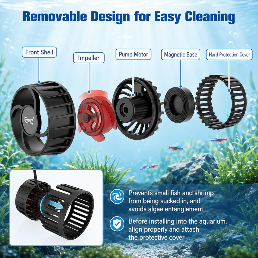 Mini Pompe à Vagues 8000L/H, 10W Pompe de Brassage pour Aquarium Wavemaker avec 4 Modes et 10 Niveaux Réglables, Orientable à 360°, pour Aquarium 70-350L Eau Douce et Salée