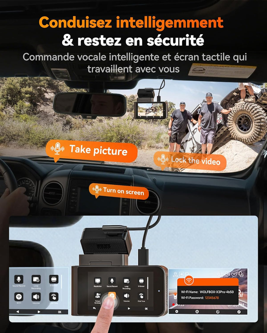 WOLFBOX X3 PRO Caméra embarquée pour voiture 1440P 60 fps + 1440P ADAS Caméra avant arrière Dual Starvis 2 IMX 675, stabilisation d'image avec WiFi 5,8 GHz, carte 64 Go et GPS inclus, commande vocale
