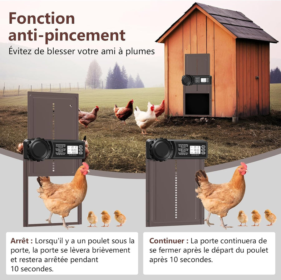 Porte Poulailler Automatique Batterie avec Minuterie Porte Automatique Poulailler en Aluminium avec Écran LCD Programmable Étanche, Fonction Anti-pincement, Ouvre-Porte Vertical