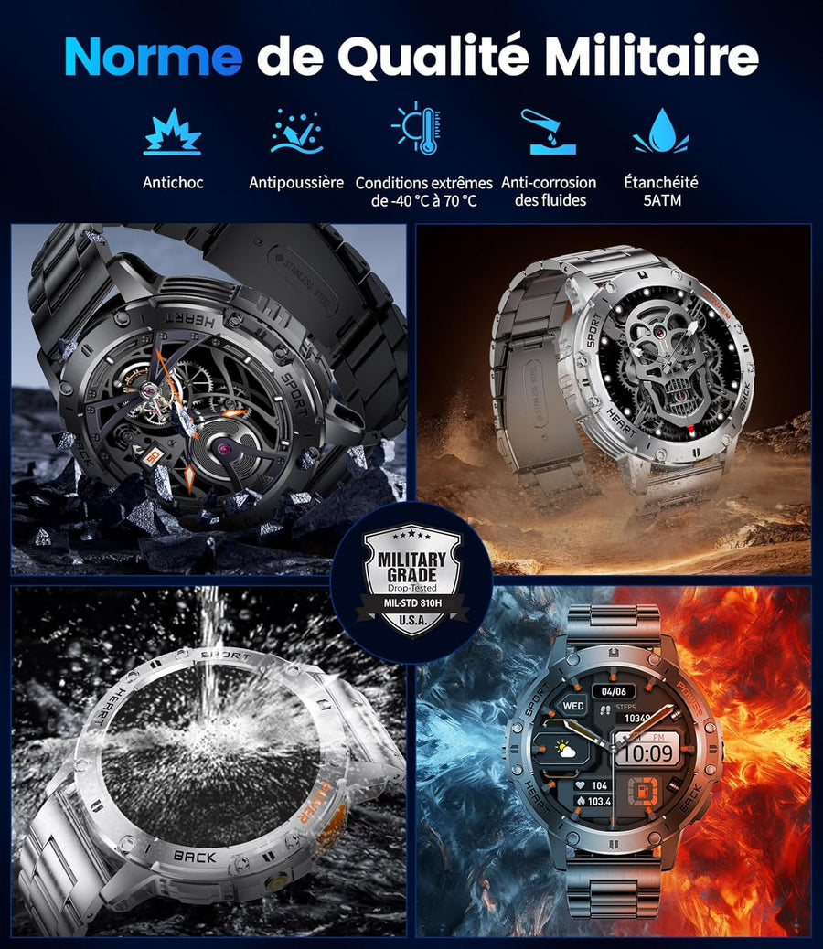 Montre Connectée Homme avec Appels Bluetooth/530 mAh, 1,43" HD AMOLED Smartwatch Homme avec 120+ Modes Sportifs/Moniteur de Fréquence Cardiaque/Sommeil/SpO2, IP68 Étanche Podomètre Android iOS