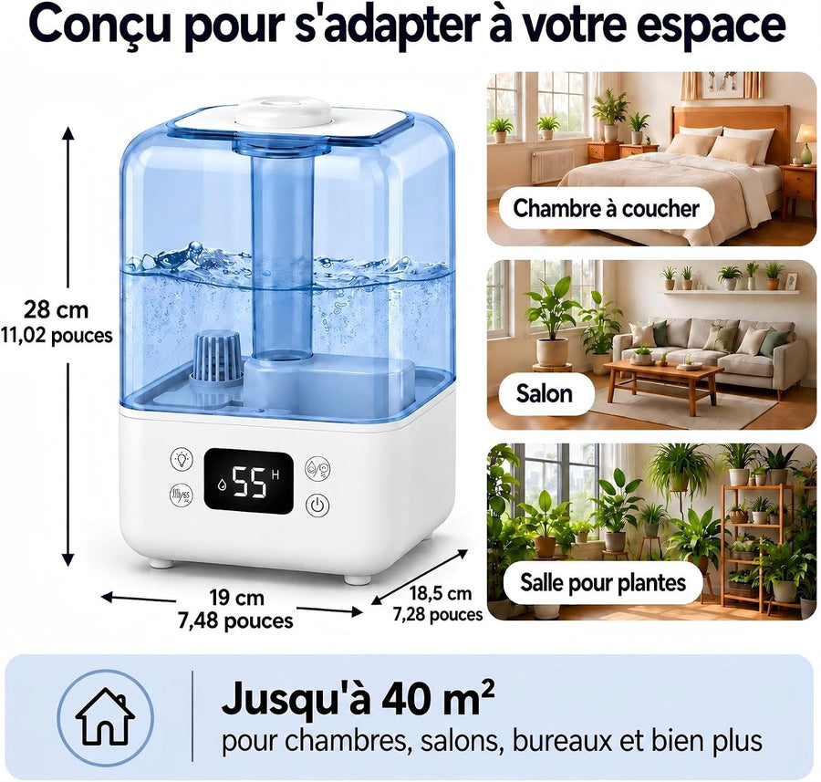 Humidificateur D'air 5L Chambre Plante, Dificateur 22dB Calme, pour 40m² mini Humidificateur d air Bebe, Minuteur 12h, Mode Sommeil, Verrouillage Enfant, Fonction Arôme, avec Hygromètre
