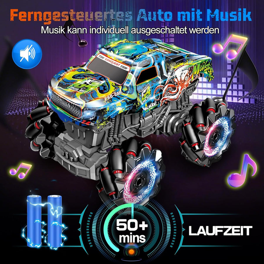 Monster truck télécommandé avec pneus lumineux et musique, 2,4 GHz, rotation à 360 °, camion Monster Truck 1/20 avec 2 batteries 50 min d'autonomie