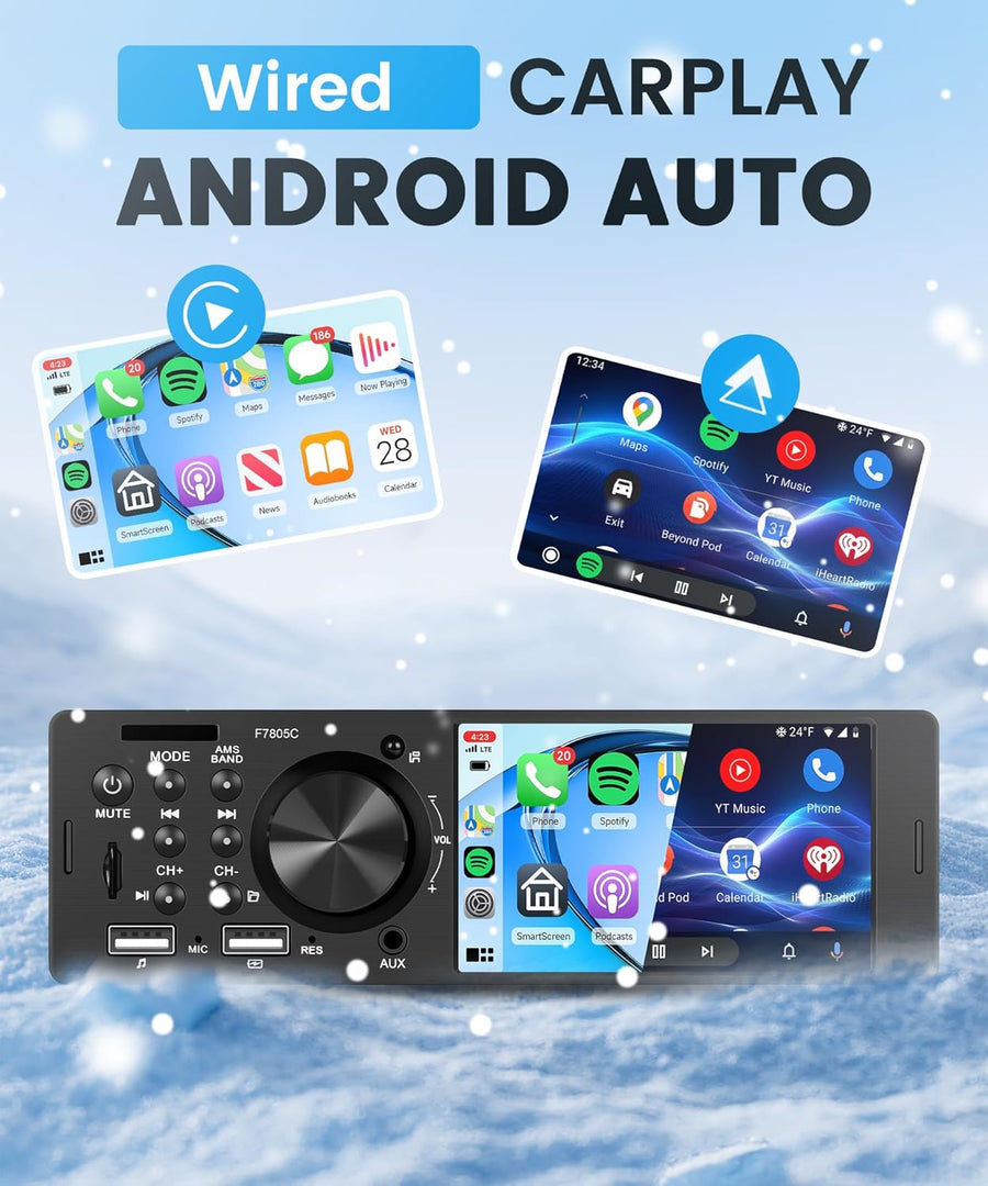 Autoradio Carplay 1 Din avec Android Auto iOS/Android Mirror Link 4 Pouces Écran Tactile Autoradio avec Bluetooth FM/RDS Radio USB/AUX/EQ/DVR Commande au Volant Caméra de Recul