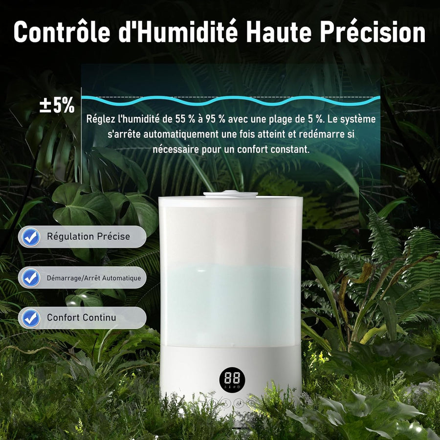 Humidificateur d'air Chambre 4L, Top-Fill, Télécommande, 40H Autonomie, Arrêt Automatique, Buse 360°, Minuterie 24 heures, 20 dB Silencieux