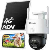 Ctronics AOV 3K Caméra de Surveillance 4G Solaire Exterieur Sans Fil,IP66 Enregistrement 24/7,Suivi Auto ,Détection Humaine 30m, 14400mAh,Panneau 6W, Farb/IR Nachtsicht,TF 128 Go / Cloud / FTP