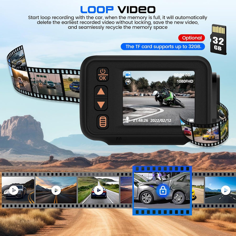 Dashcam Moto 1080P avec Caméra Avant + Arrière, 2 Pouces IPS HD Écran Voiture Dash Cam Moto avec IP65, Détection de Mouvement, Surveillance Parking pour Universel Motos