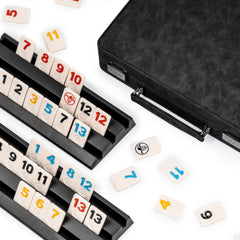 Jeu de rami, 2 à 4 joueurs avec 106 tuiles de rami et 4 supports, jeu de rami de voyage avec étui en simili cuir, jeux de société classiques amusants pour toute la famille