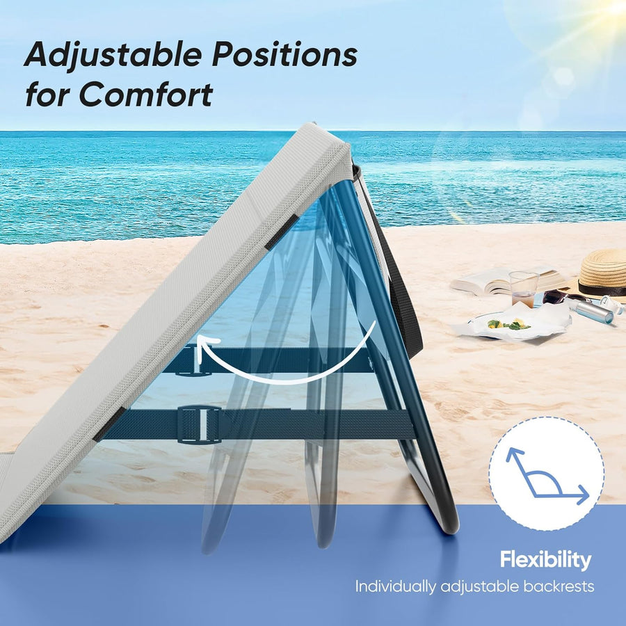 Matelas de plage pliable avec dossier réglable, transportable avec sangle de transport, coussin et sac de rangement, chaise longue résistante pour la plage, le jardin et la terrasse