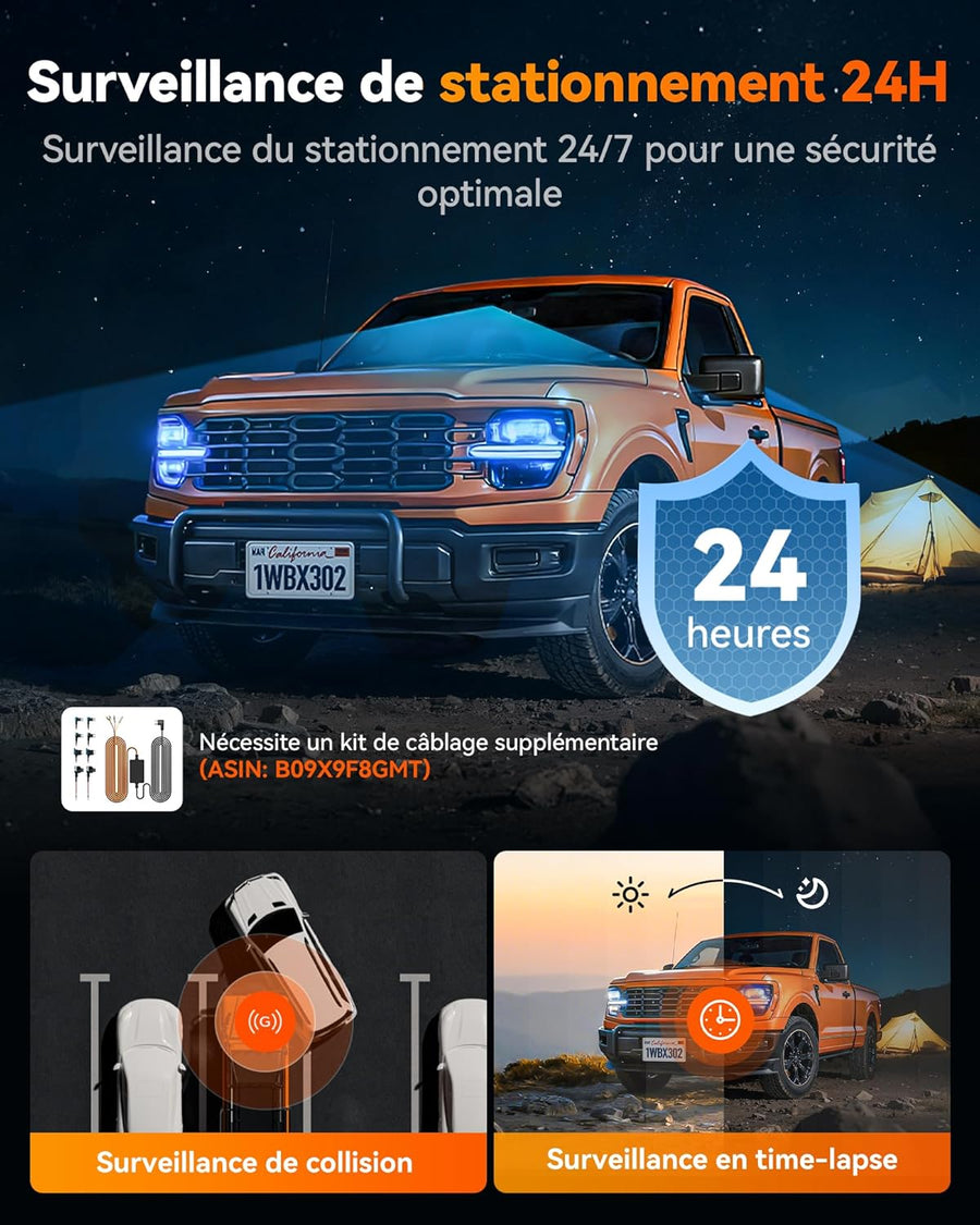 WOLFBOX X3 PRO Caméra embarquée pour voiture 1440P 60 fps + 1440P ADAS Caméra avant arrière Dual Starvis 2 IMX 675, stabilisation d'image avec WiFi 5,8 GHz, carte 64 Go et GPS inclus, commande vocale