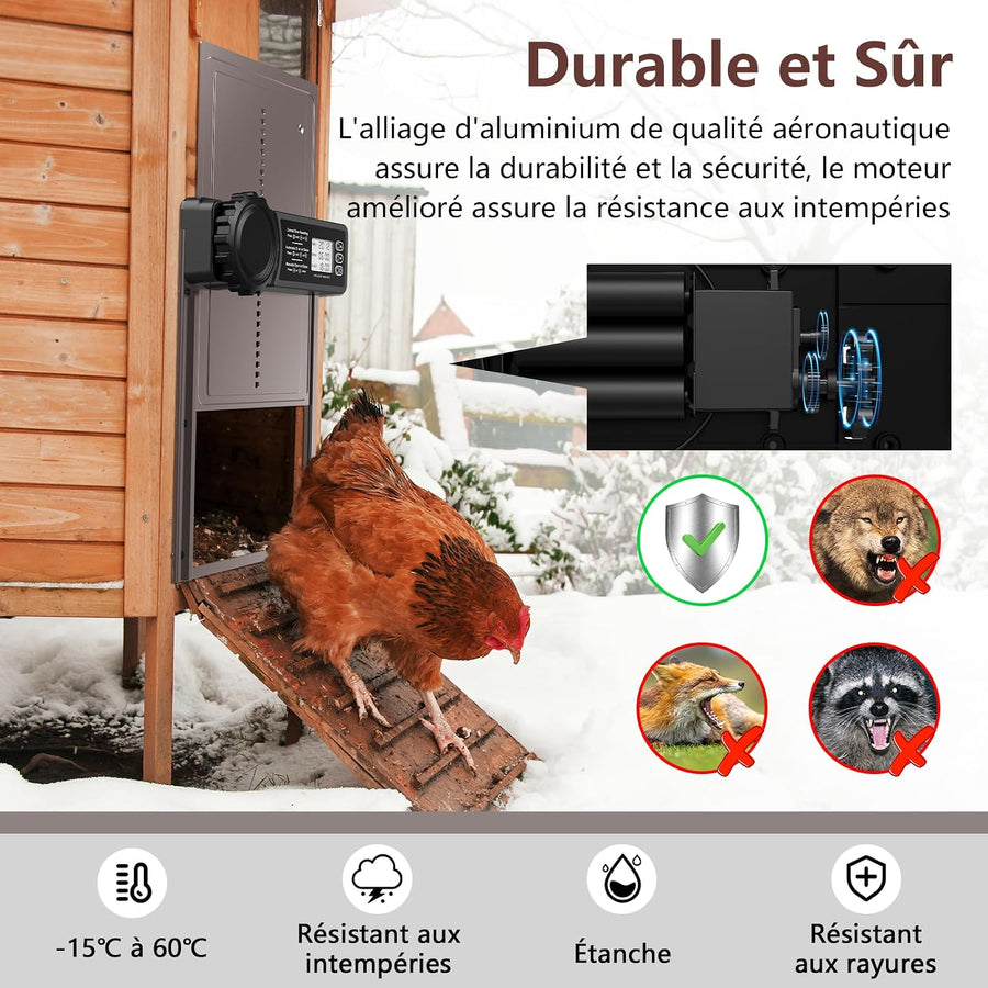 Porte Poulailler Automatique Batterie avec Minuterie Porte Automatique Poulailler en Aluminium avec Écran LCD Programmable Étanche, Fonction Anti-pincement, Ouvre-Porte Vertical