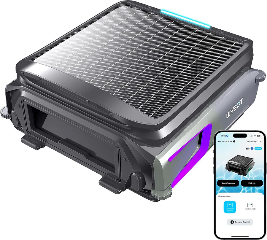 Skimmer WYBOT F1 Piscine Hors Sol Double Énergie (Solaire + Batterie), Nettoie La Surface De L’Eau, Pilotage par App, Fonctionne 24h/24, pour Toutes Piscines – Robot Piscine sans Fil