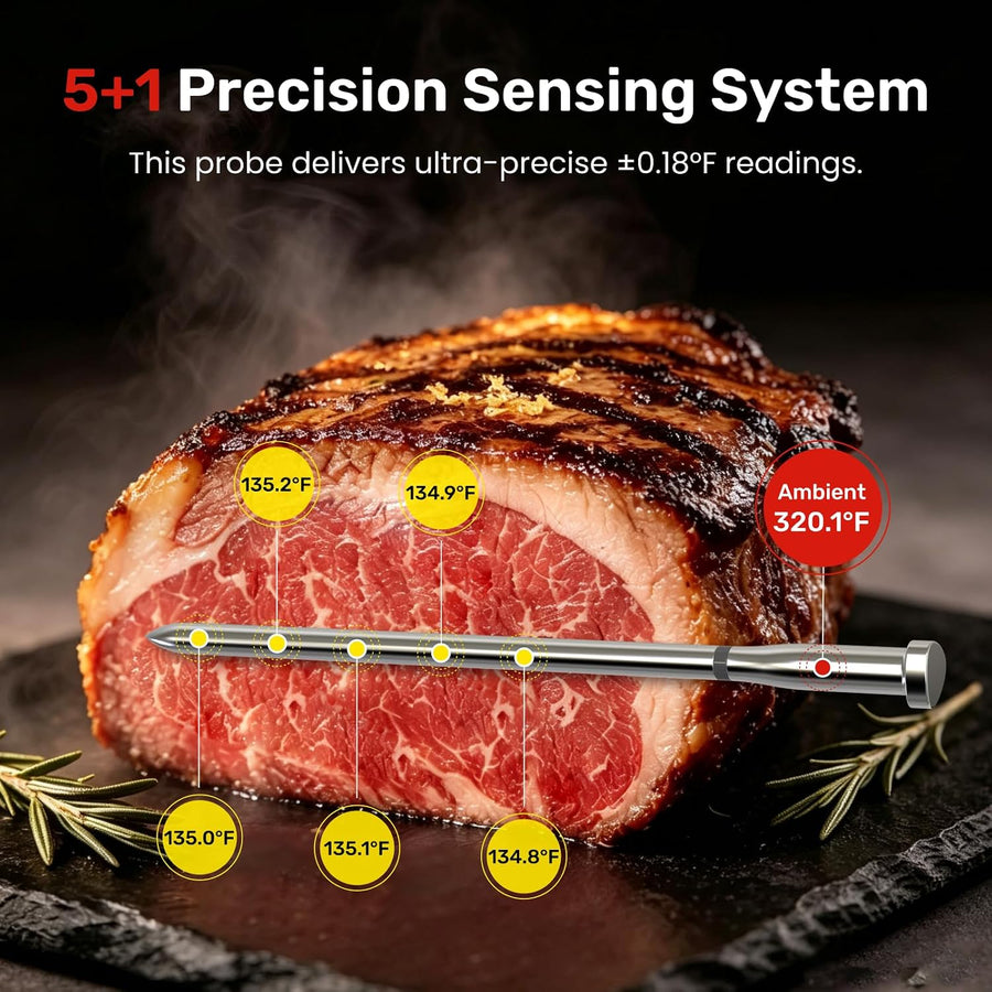 Thermomètre à Viande S Pro 2026 Sans Fil avec Wi-Fi & Bluetooth 5.4 6 Capteurs ±0,1°C Précision, Écran LED, Sonde ultra-fine IPX9 pour grill, sous-vide, fumoir et friteuse sans huile
