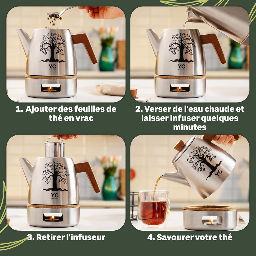 Théière en Acier Inoxydable 1,3L avec Infuseur – Théière Design avec Réchaud Chauffe-Thé et Poignée en Bois – Accessoire Elégant pour Infusion, Tisane et préparation de Thé en Vrac