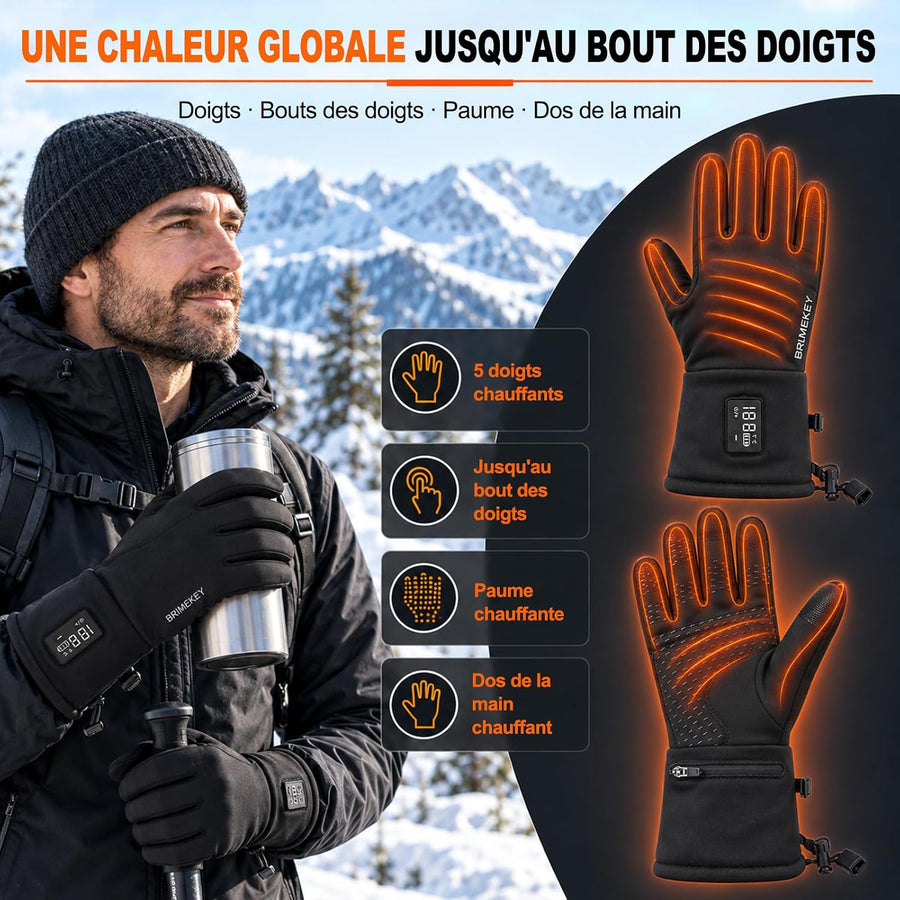 Gants Chauffants Fins Homme Femme Taille L, 2200mAh, LED, Tactile Hiver Gants fins batterie 7,4V, 3 niveaux 40–65°C LED, chauffe 5 doigts + paume + dos, tactile pour ski, vélo, moto, randonnée
