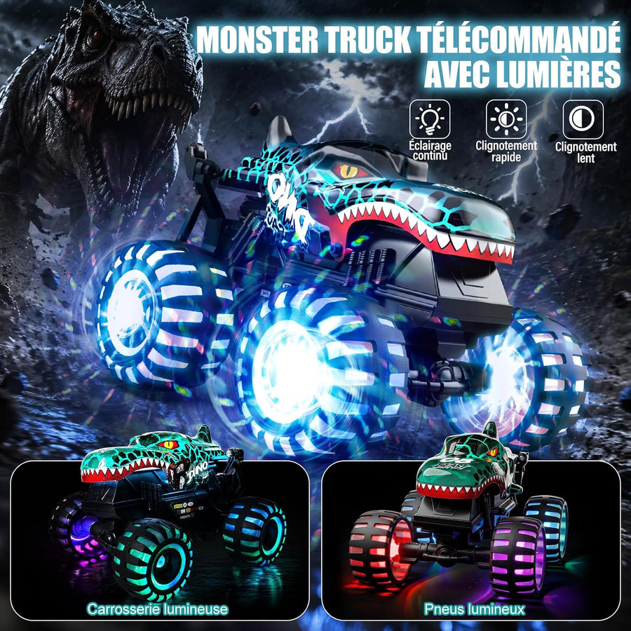 Voiture télécommandée, monstertruck télécommandée avec pneus lumineux et Monster Truck 2,4 GHz avec rotation à 360° et marche verticale, temps de jeu 100 min, jouet dinosaure 1/20 à partir de 3 ans