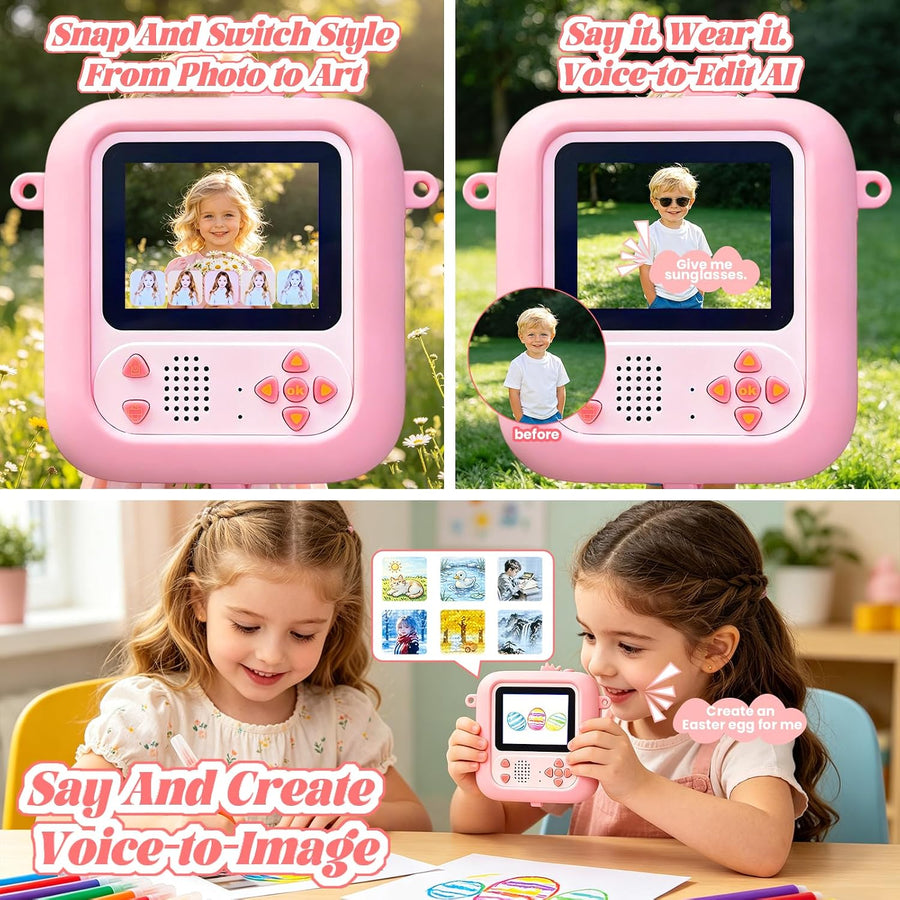 Appareil Photo Numérique IA, Appareil Photo Enfant, Écran IPS 2,4" Appareil Photo Instantané Enfant 1080P avec Détection d’Objets, Chat IA, Bluetooth et Wi-Fi