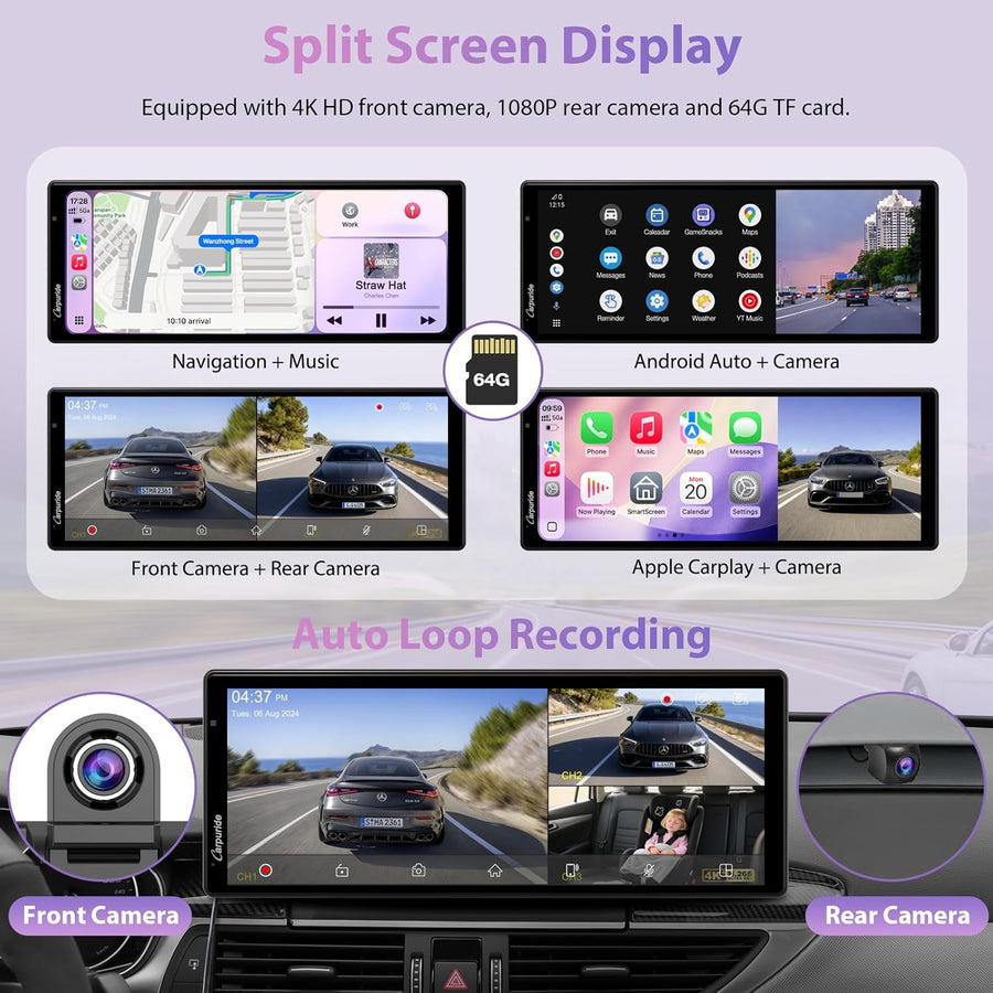 Écran sans Fil CARPURIDE W903S2 9,3 Pouces HD Compatible CarPlay et Android Auto, Avant 4K + Arrière Filaire 1080p + Caméra Infrarouge, avec Enregistrement, BT, Commande Vocale, et Carte TF 64 Go