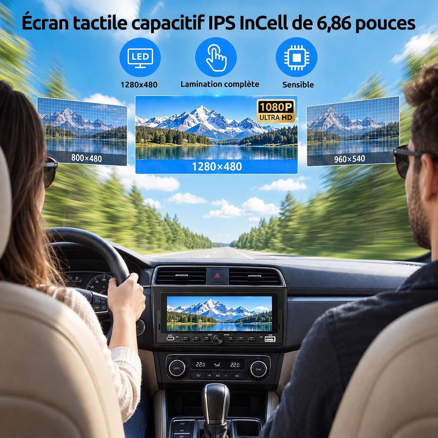 Ecran CarPlay Autoradio 1 DIN 6,86" InCell, Android Auto sans Fil Trajets et Voyages Stationnement Facile Caméra 12 LED Touches Piano Bluetooth 5.0 FM Commandes Volant Type-C 4×45 W