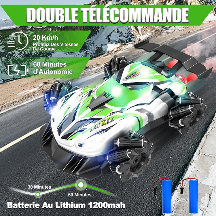 Voiture Télécommandée Enfant avec Télécommande ou Main Lumière et Spray RC Stunt Auto Tout Terrain 2,4 GHz 4WD VERT