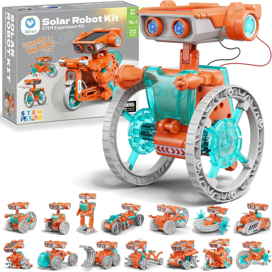 Robot Solaire 15 en 1 pour Enfants Jeux de Construction Jouets, Double Entraînement Solaire et Batterie 212 Pièces