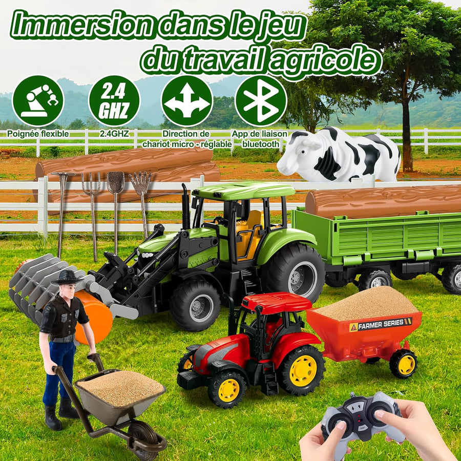 Tracteur Telecommandé Enfant, 6 Canaux Tracteur Télécommandé, Jouet Tracteur avec Grappin, Télécommande, Tracteur, Vache et Troncs d'arbre, Jouet Ferme