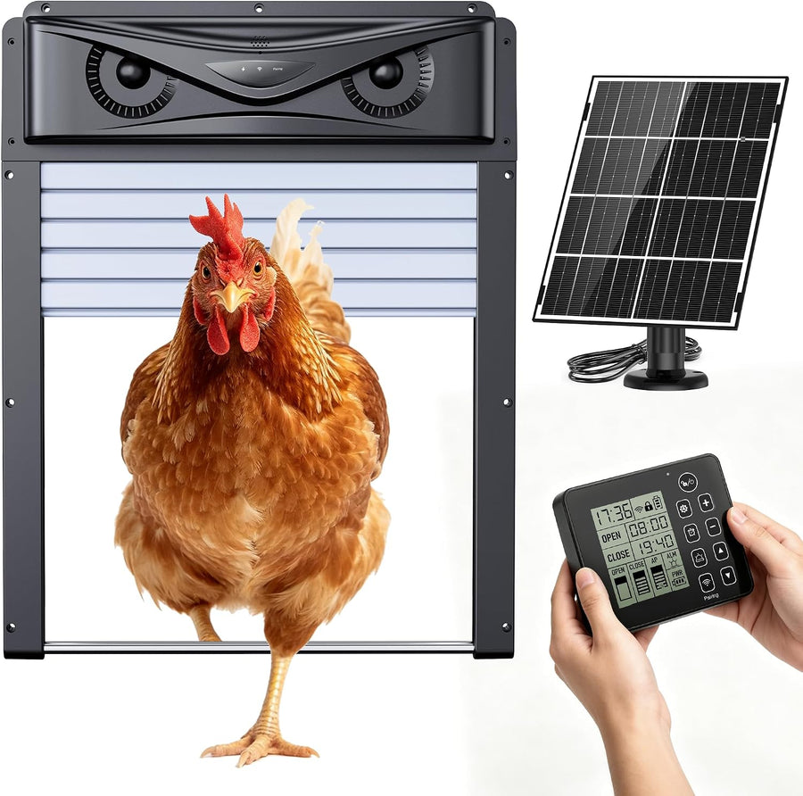 Porte Poulailler Automatique Solaire avec Contrôleur Étanche, Minuterie, Fonction Anti-pincement, Détection de Mouvement 120°