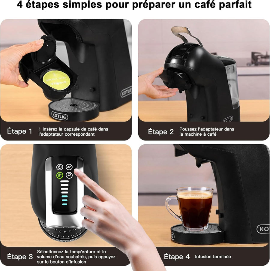 Machine à café à capsules, 5 en 1, 19 bars, multi-capsules pour Nespresso/Dolce Gusto/ESE Pads (44 mm), réservoir d'eau 1 l, 3 températures/7 quantités d'eau