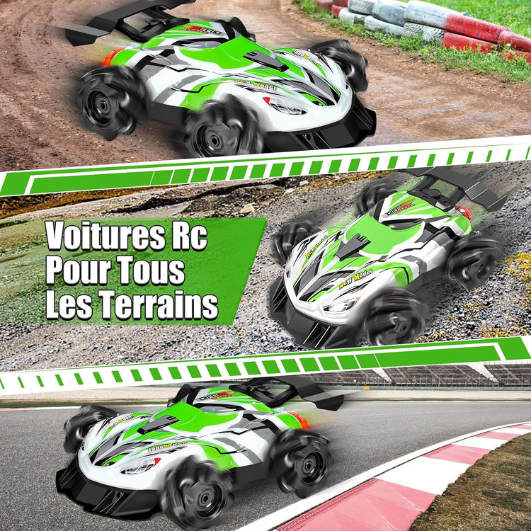 Voiture Télécommandée Enfant avec Télécommande ou Main Lumière et Spray RC Stunt Auto Tout Terrain 2,4 GHz 4WD VERT