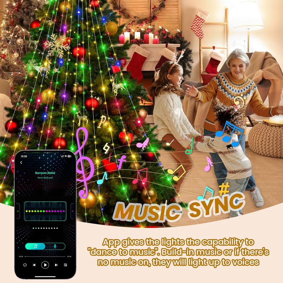 Guirlande Lumineuse Sapin de Noel, 200 LED Guirlande Lumineuse de NoëL Anneau avec Application, 2M*10 Rideau Lumineux Sapin de Noel pour Décoration de 1.5m-2.5m Sapin de Noël