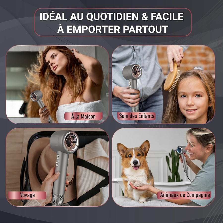 Sèche-cheveux ionique compact et puissant avec diffuseur pour boucles, air froid, brushing et coiffure professionnelle - Silencieux, léger, multifonction Accessoires inclus BLEU