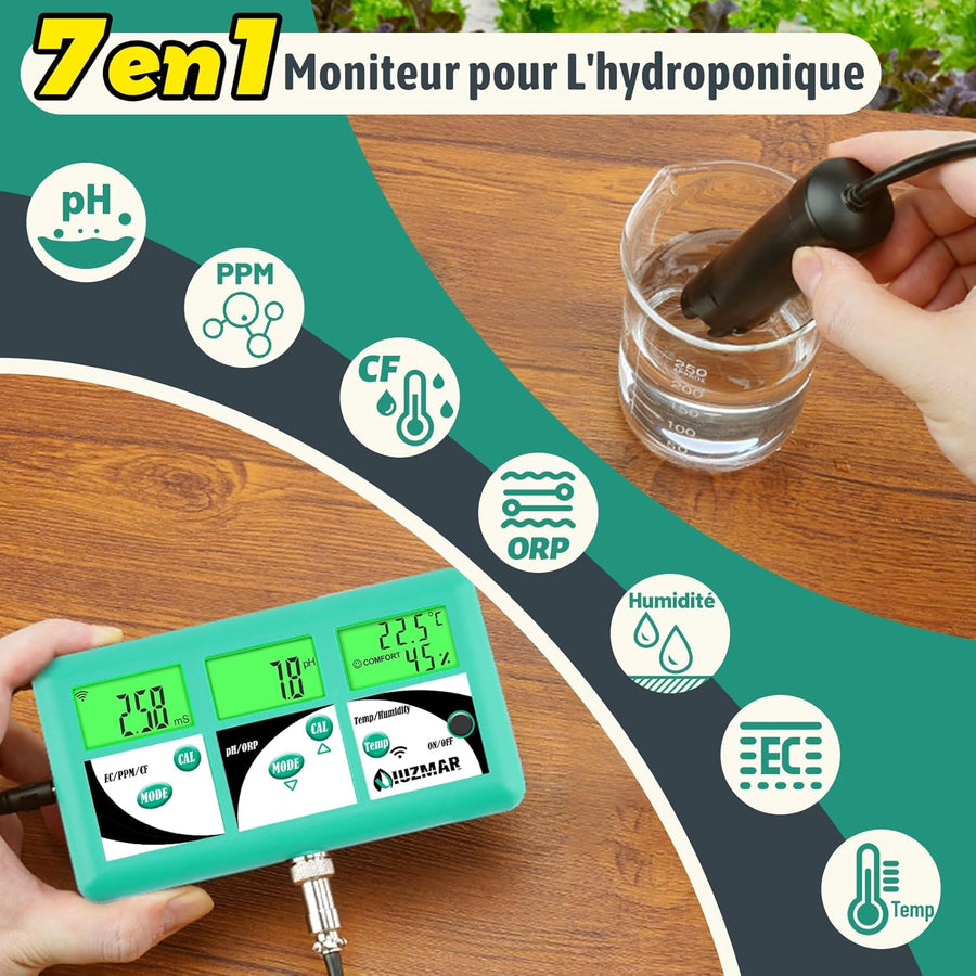Moniteur pH EC TDS pour Hydroponie, 7 en 1 pH EC PPM CF Température Testeur D'humidité De L'air Pour L'aéroponie, Contrôler La Conductivité pH De La Solution Nutritive Hydroponique