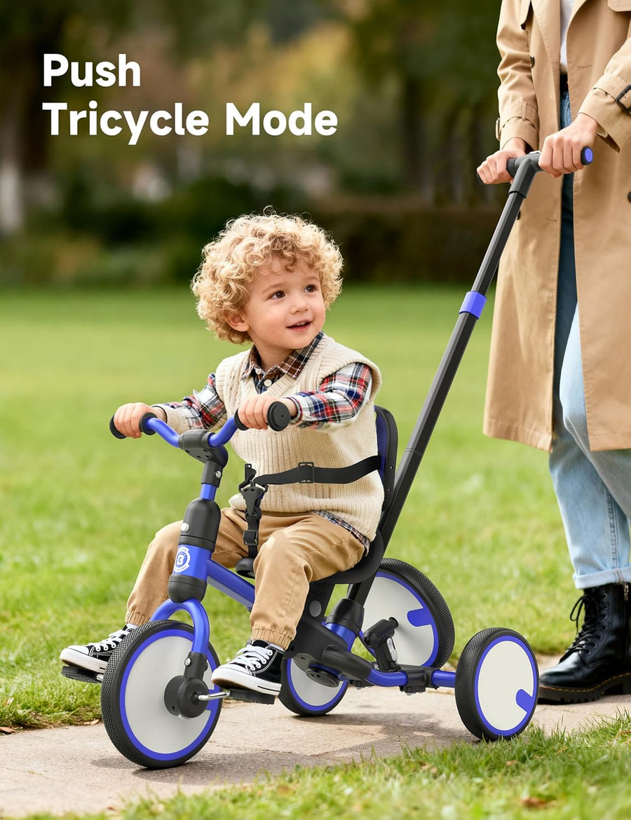 Tricycle pour Tout-Petits de 1 à 3 Ans, avec Roue de Secours, Tricycle Multifonctionnel pour Enfants avec Barre de poussée, Dossier et Ceinture de sécurité