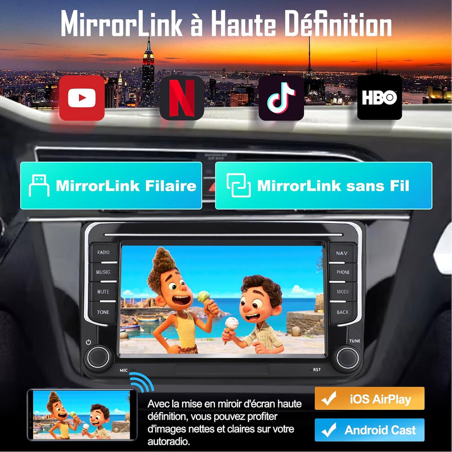 Autoradio 2DIN, 7" Radio Voiture pour VW Golf, Passat, Seat, Touran, Skoda, CarPlay & Android Auto, Commandes au Volant, Écran Tactile & Boutons Physiques, EQ, FM, GPS Navigation, MirrorLink