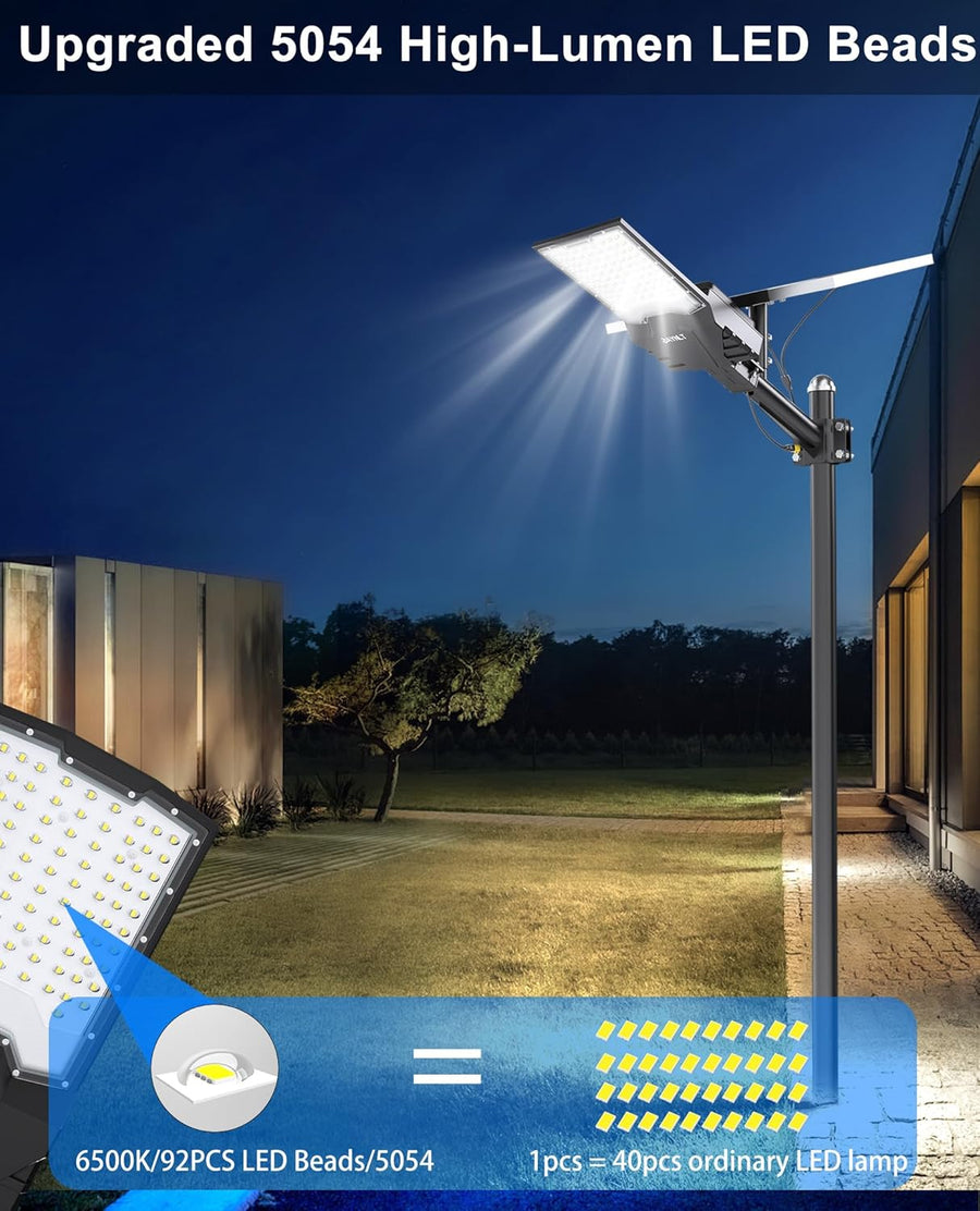 Lampadaires solaires d'extérieur, 6500 K ultra grands feux de stationnement commerciaux du crépuscule à l'aube, lampes de sécurité étanches IP67 à énergie solaire