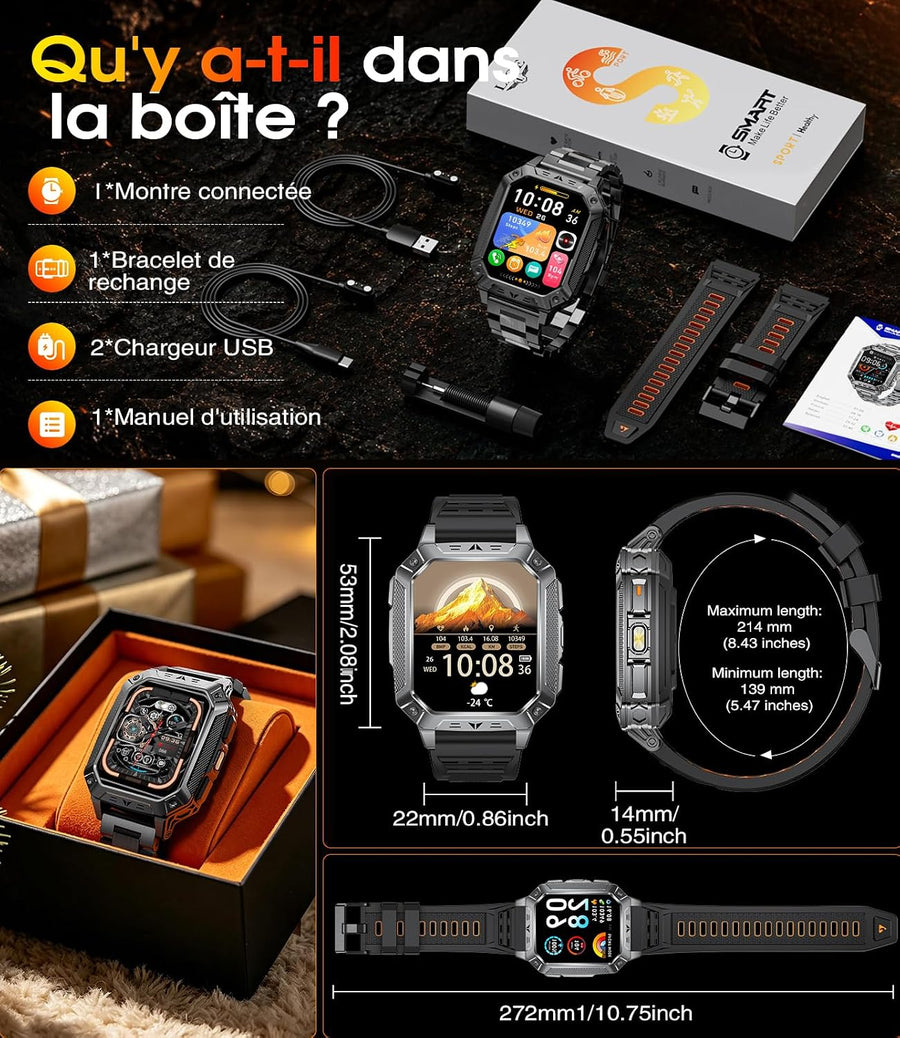 Montre Connectée Homme, 2.01'' Smartwatch avec LED Lampe, 100+ Modes Sportifs, Étanchéité IP68, Appels Bluetooth Smartwatch Militaire, Surveillance Cardiaque 24H,Sommeil, SpO2, Android/iOS
