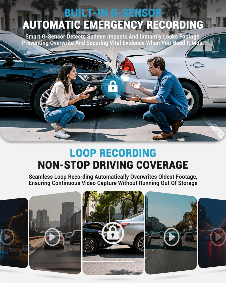 Caméra de Voiture Avant WiFi 6 Contrôle Via Application 2160P Capteur G Intégré Enregistrement en Boucle Vision Nocturne Mode Parking 24H WDR Dash Cam 64GB Incluse