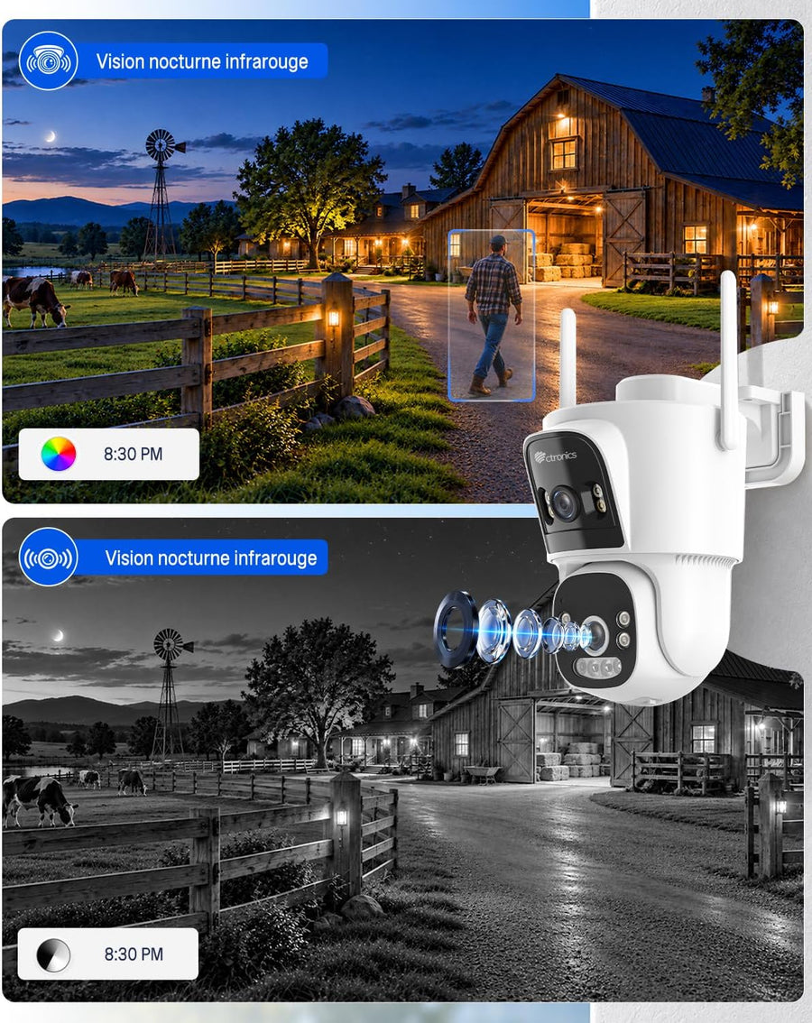 Ctronics 4G LTE AOV Camera Exterieur sans Fil Solaire, Camera sans WiFi Caméra de Surveillance Extérieur à Double Objectif 2K, Suivi Automatique, Enregistrement 24/7, Détection IA, Camera Carte Sim