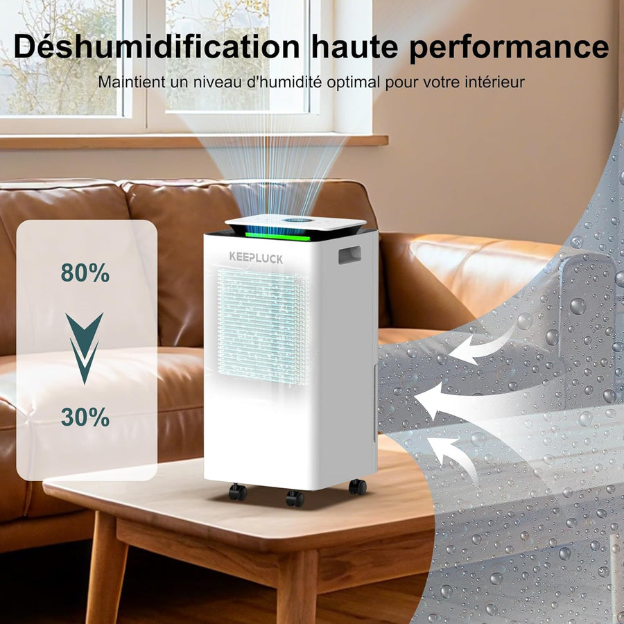 Déshumidificateur 12L/24H Idéal pour 18-24 m² (45-60 m³). Avec écran tactile, ventilation réglable, silencieux 42 dB, tuyau de vidange de 1 M