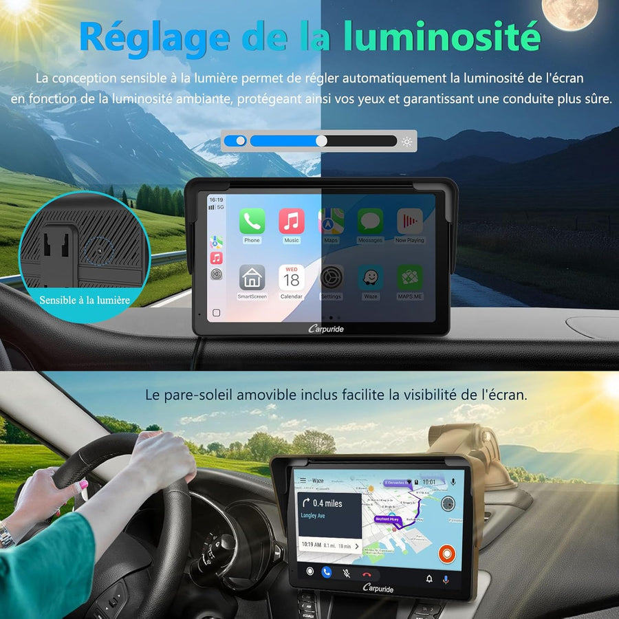 Écran Carplay Portable, Carpuride V3R sans il Airplay&Android Auto, écran Tactile HD 1080P 7 Pouces avec caméra de recul 720P réelle/BT 5.0/Mirror Link/Lecture USB/Puce de réduction du Bruit AUX