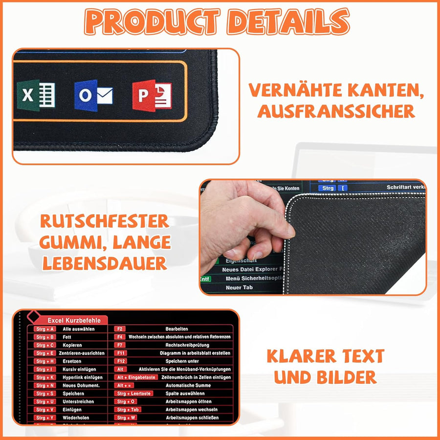Grand tapis de souris - Ecriture allemand - Raccourcis clavier - Bureau Travail 30x79cm
