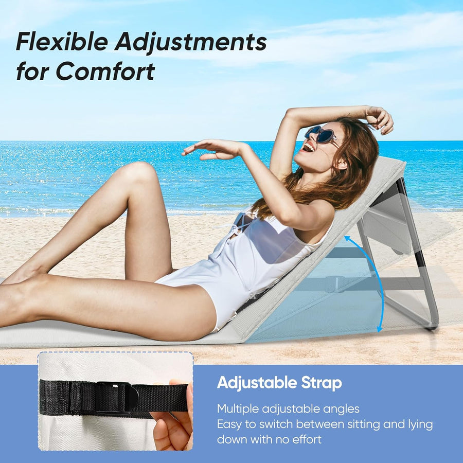 Matelas de plage pliable avec dossier réglable, transportable avec sangle de transport, coussin et sac de rangement, chaise longue résistante pour la plage, le jardin et la terrasse