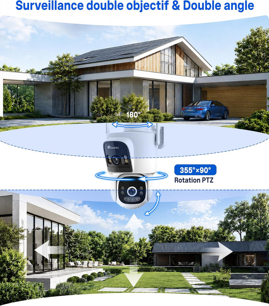 Ctronics 4G LTE AOV Camera Exterieur sans Fil Solaire, Camera sans WiFi Caméra de Surveillance Extérieur à Double Objectif 2K, Suivi Automatique, Enregistrement 24/7, Détection IA, Camera Carte Sim