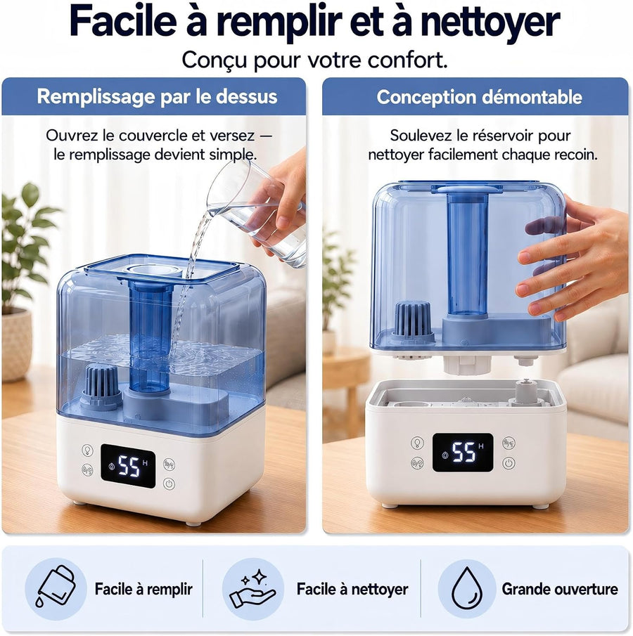 Humidificateur D'air 5L Chambre Plante, Dificateur 22dB Calme, pour 40m² mini Humidificateur d air Bebe, Minuteur 12h, Mode Sommeil, Verrouillage Enfant, Fonction Arôme, avec Hygromètre