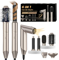 Airbrush Airstyler & Sèche Cheveux, Brosse Soufflante Ionique Brosse Chauffante Brushing Sèche Cheveux à Air Chaud avec Fers à Friser à Air Ensemble 6en1