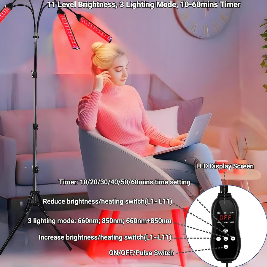 Lampe de luminothérapie rouge avec lumière infrarouge 660 nm et 850 nm – 420 LED, 5 niveaux, 4 panneaux réglables, minuterie et support pour soulager les douleurs du corps entier, visage, dos